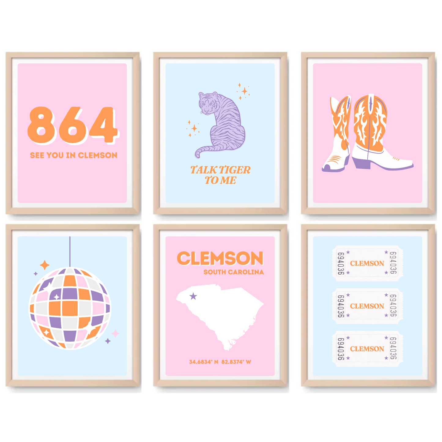 Clemson inspired Digital Prints - Set of 6